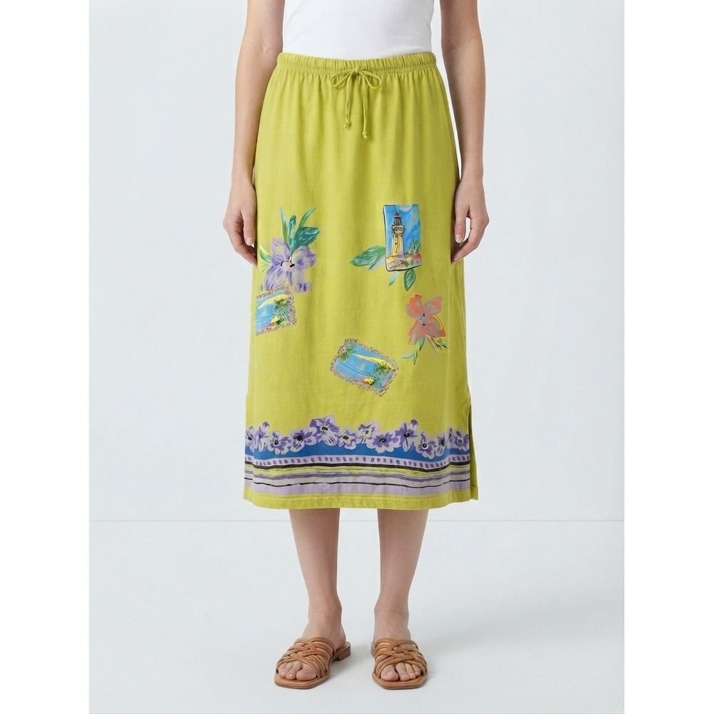 Kaktus Lime Yellow Tropical Postcard Floral Knit Midi Skirt Large